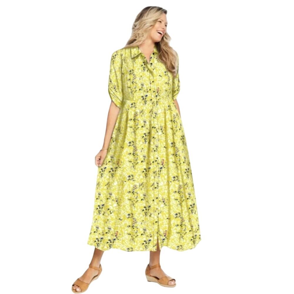 Woman Within Roll-Tab Sleeve Crinkle Shirtdress Women's Size 16W Cottage Boho